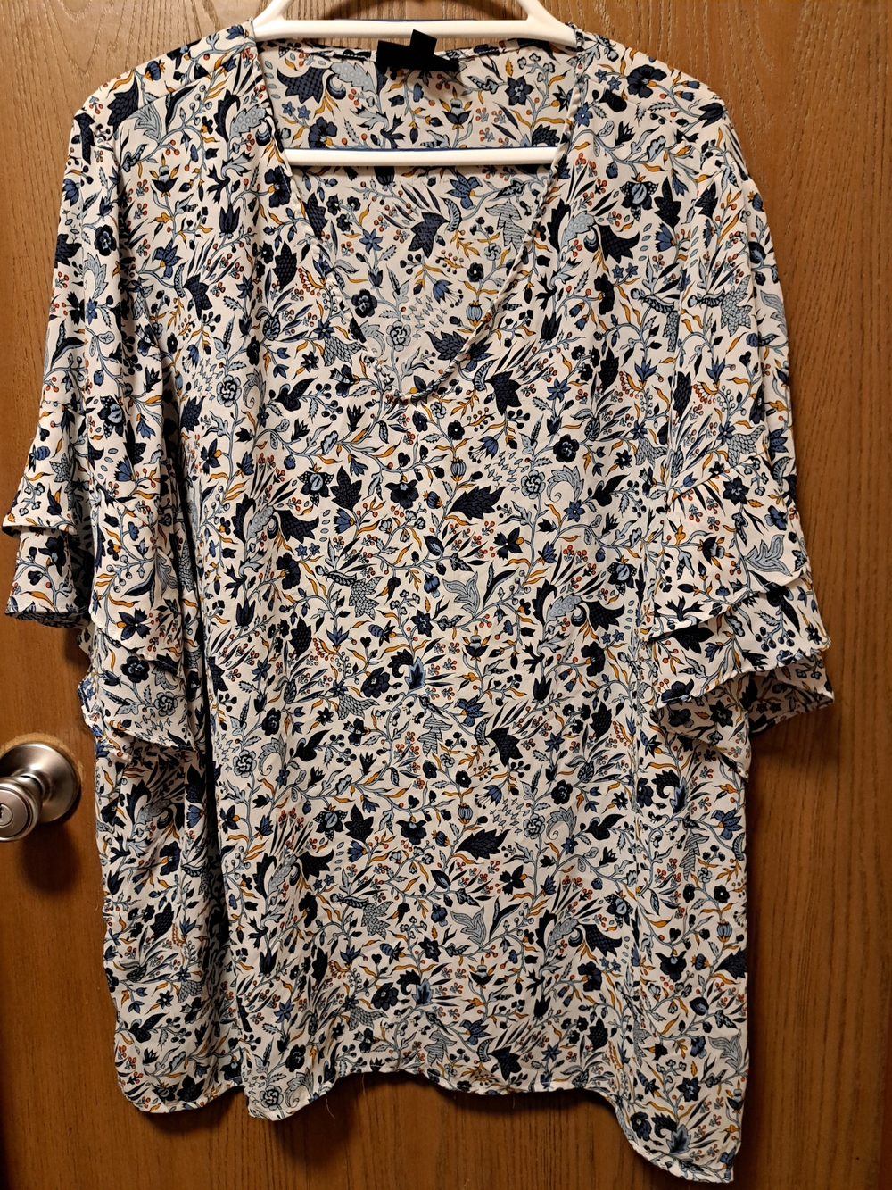 Premise White Floral V-Neck Ruffle Sleeve Blouse with Navy & Mustard Accents